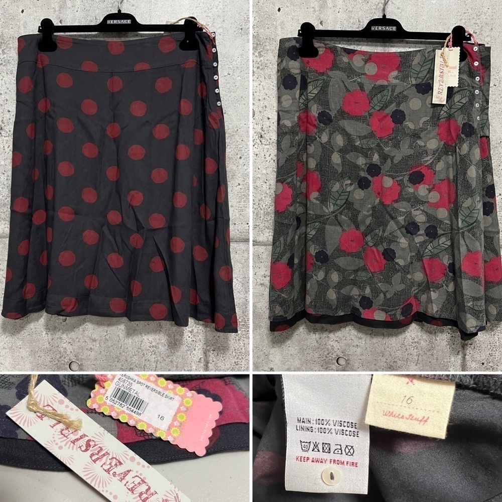 🆕 Whitestuff Reversible Polka Dot / Floral Viscose Side Buttons Skirt